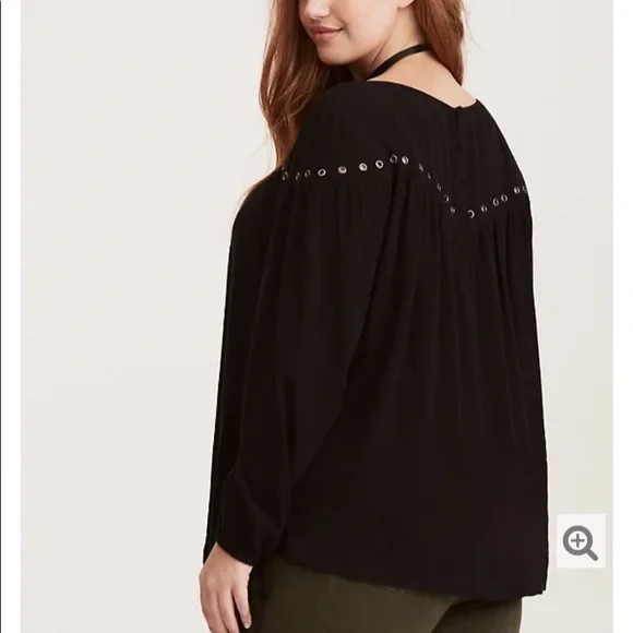 Torrid Black Crepe Grommet Tie Neck Blouse - Picture 2 of 11